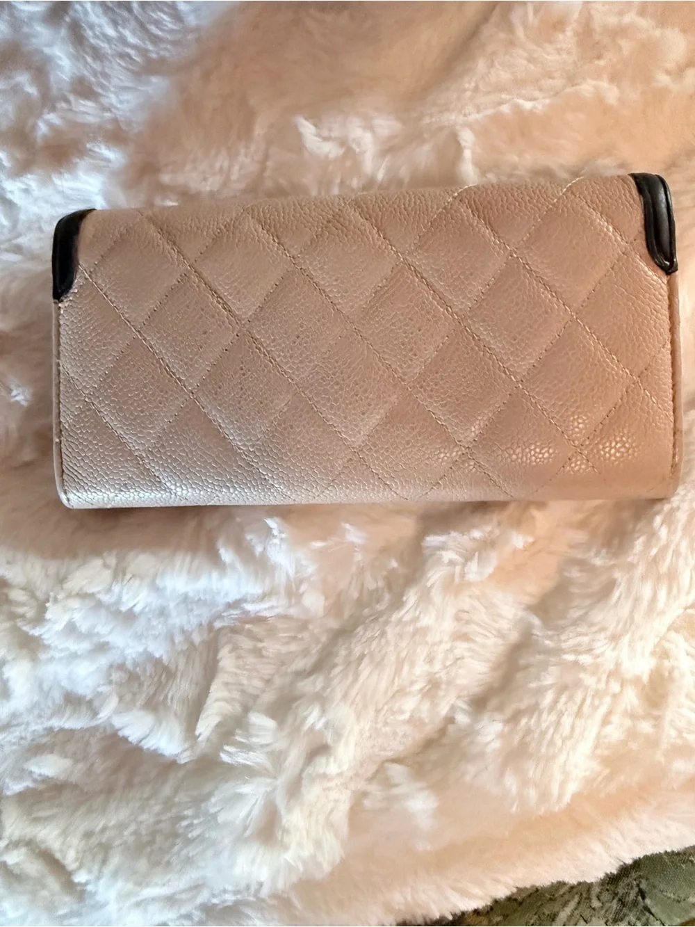 CHANEL Filigree Beige Quilted Leather Wallet with Black Trim and Gold Accents